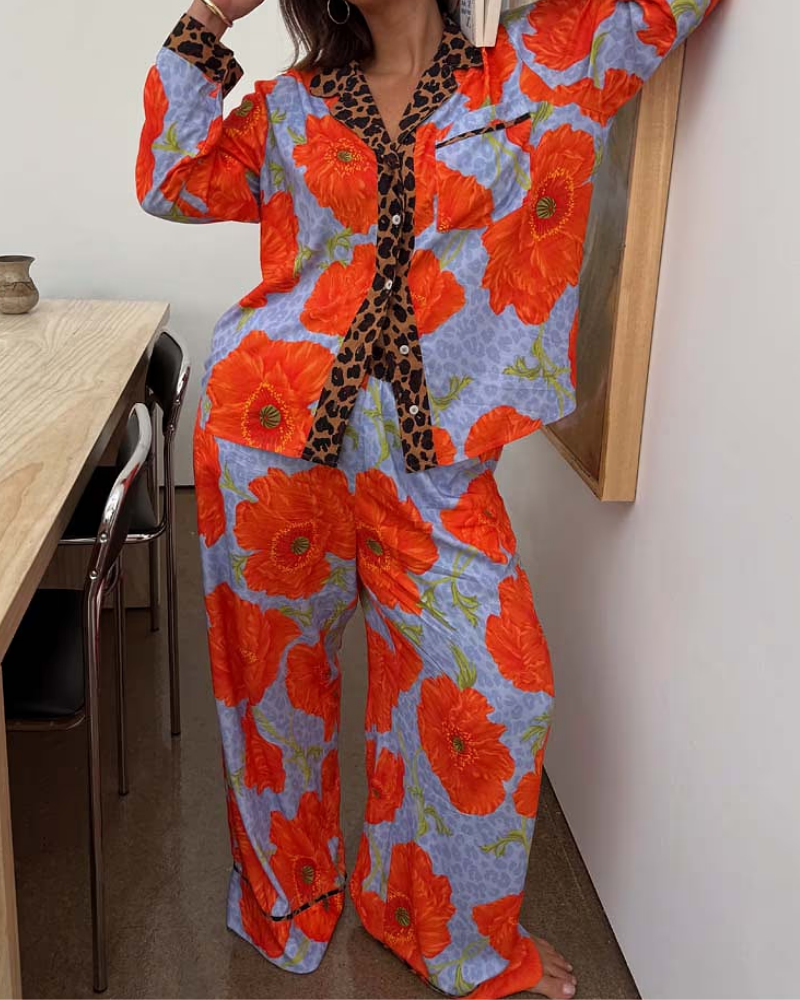 Floral Leopard Satin V-Neck Set