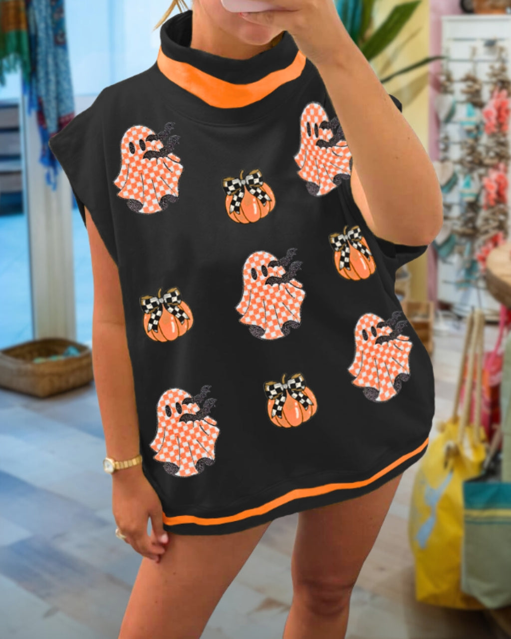 Playful Ghost Pumpkin Sequins Top