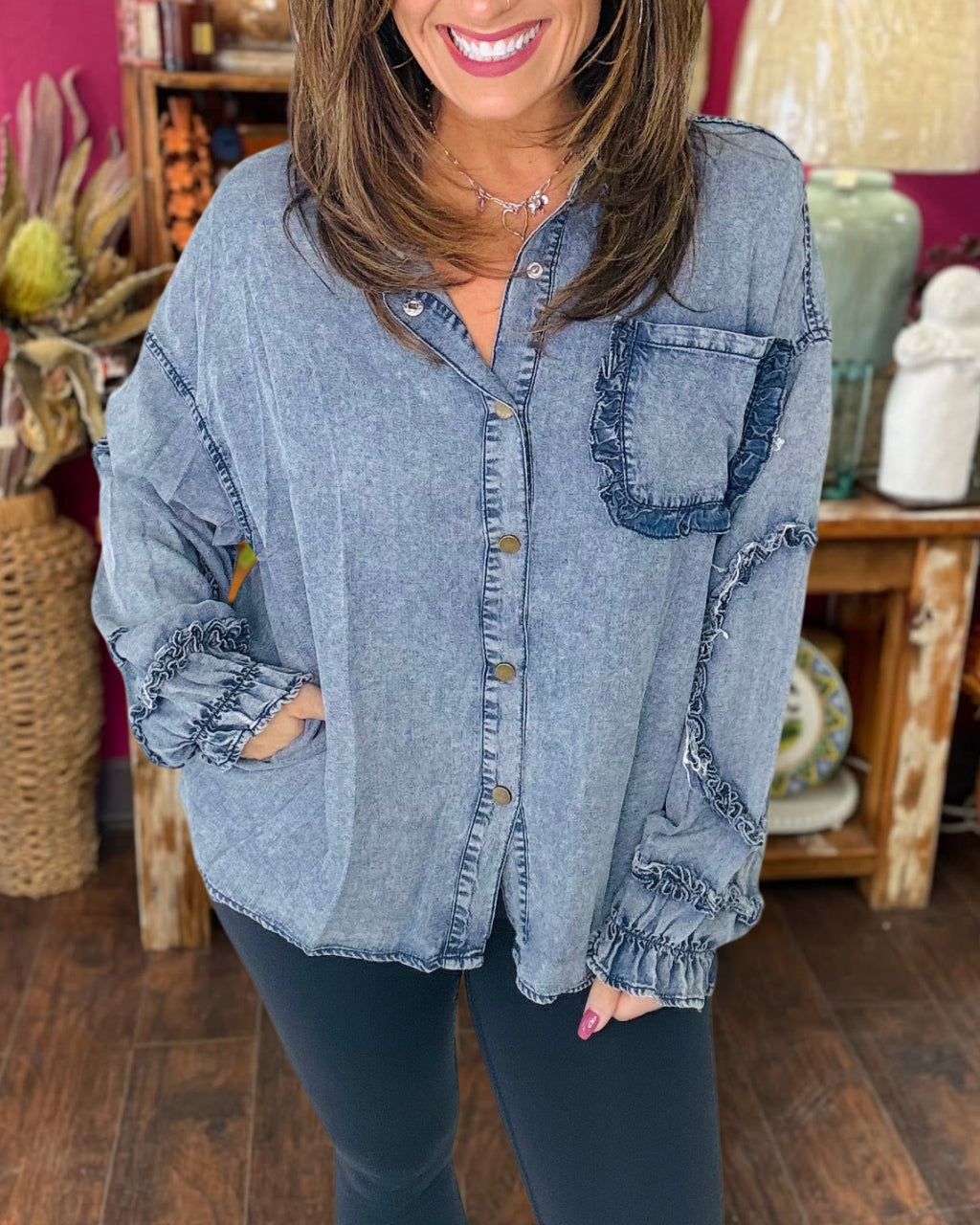 Playful Ruffle Accent Denim Shirt