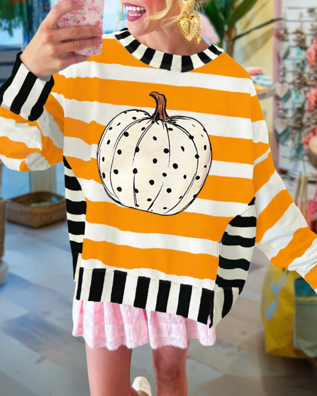 Fun Pumpkin Print Striped Pullover