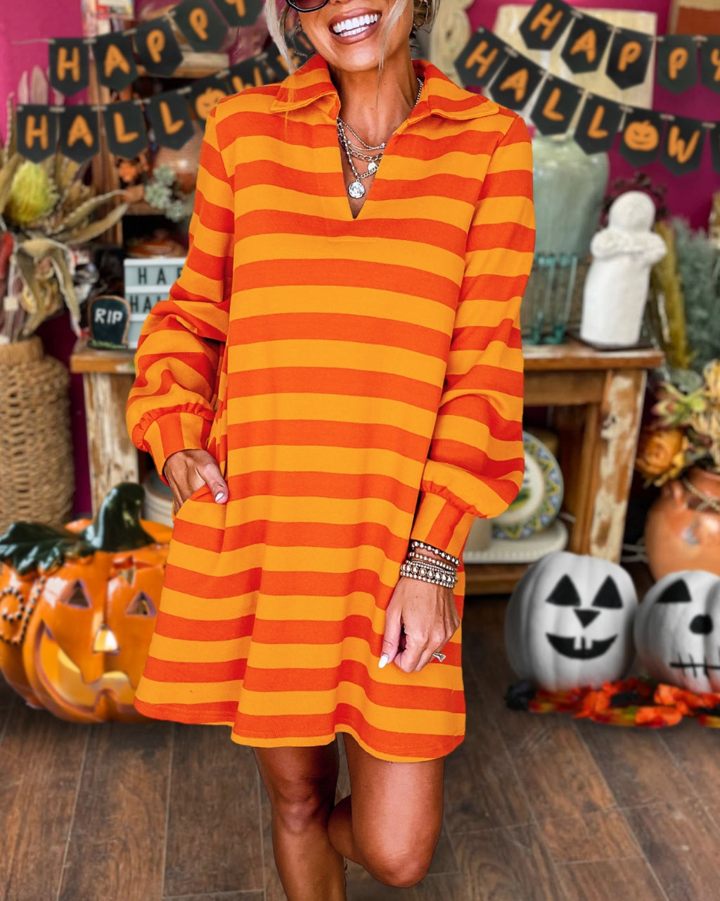 Fun Halloween Striped Collar Dress