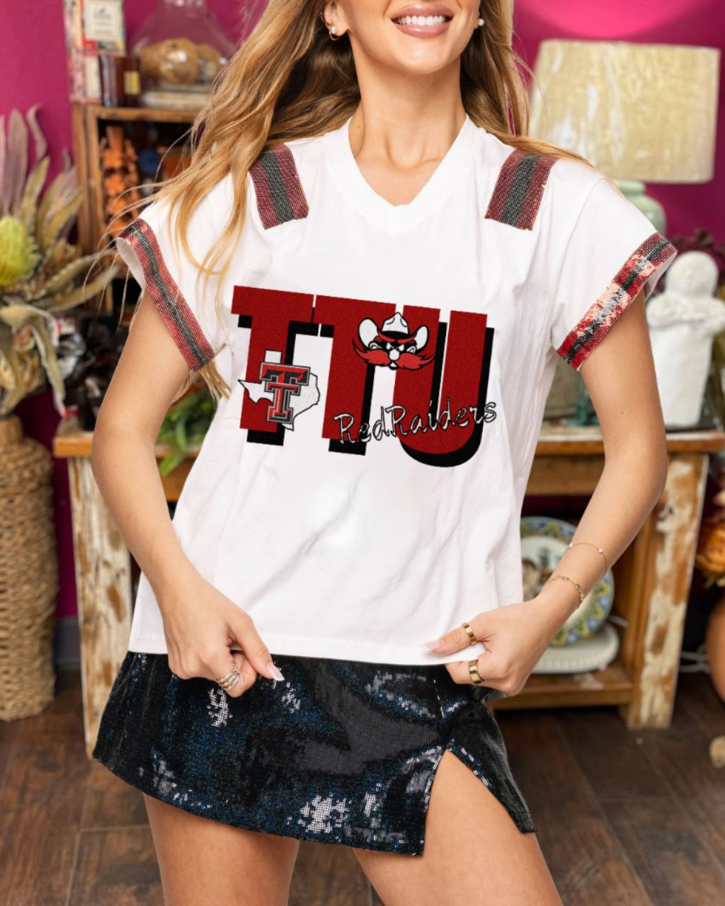 TTU Print Sequin Trim Tee