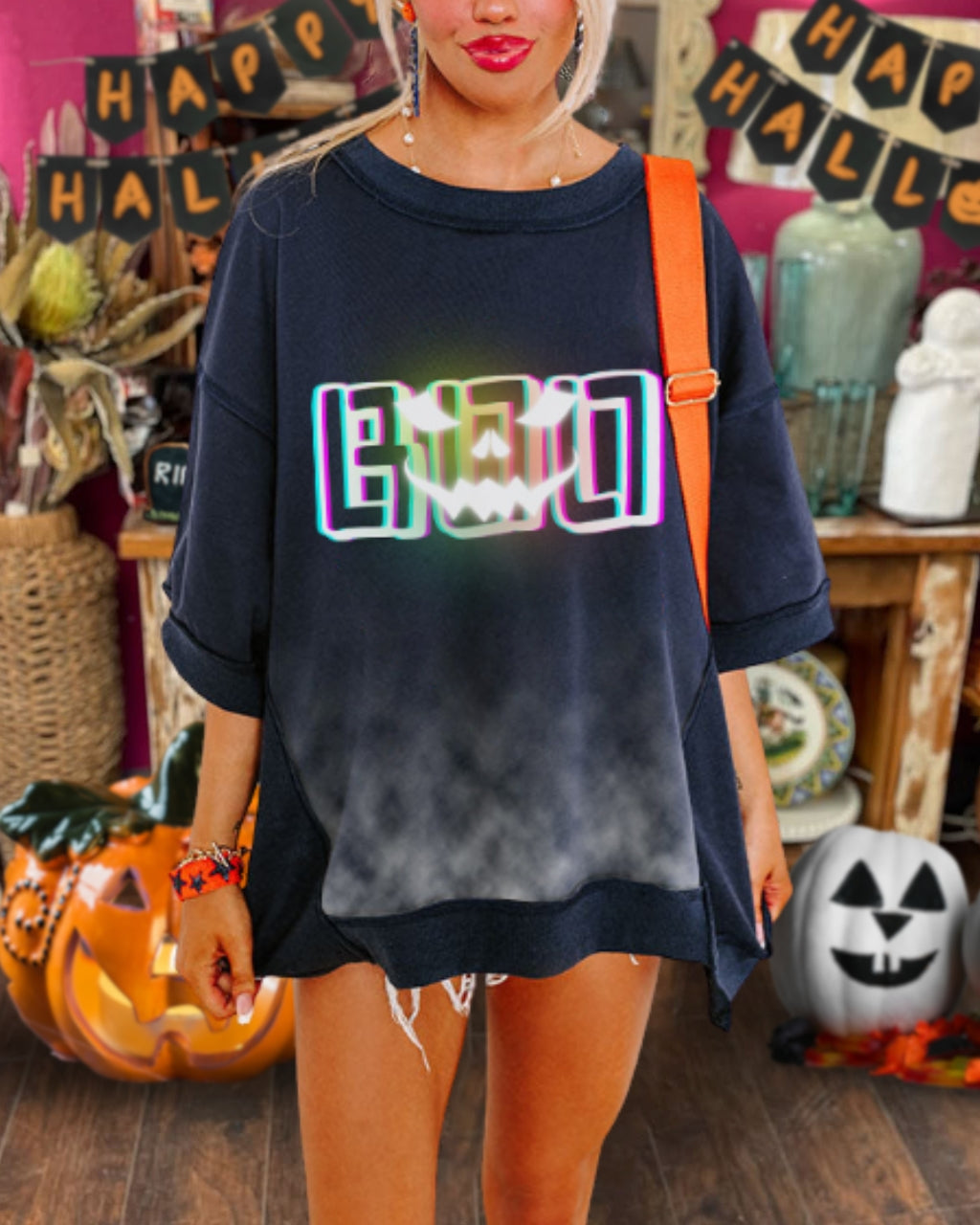 Fun Neon Pumpkin Boo Smoke Halloween Top