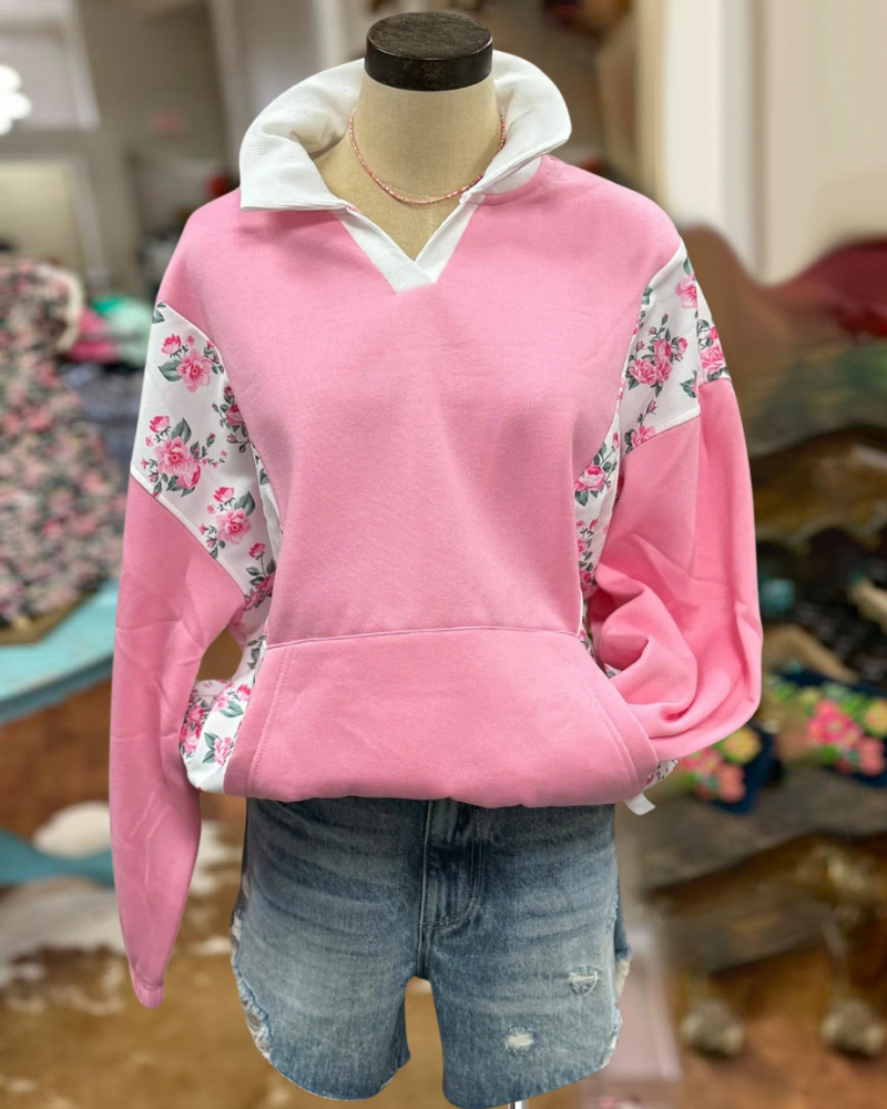 Floral Color Block Lapel Sweatshirt