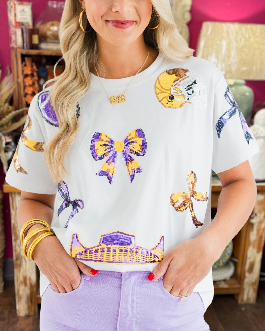 LSU Game Day Sequin Bow Tee
