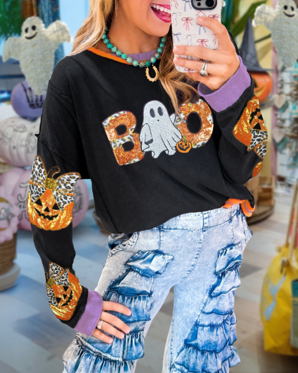 Cute Halloween Boo Ghost Leopard Sequin Pullover
