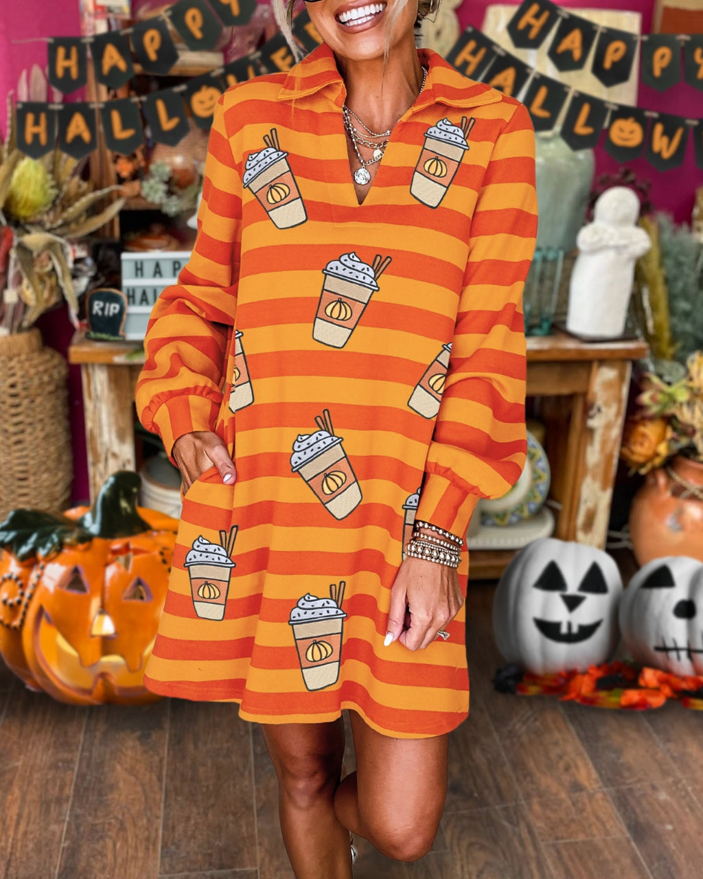 PSL Sequin Pumpkin Latte Stripe Dress