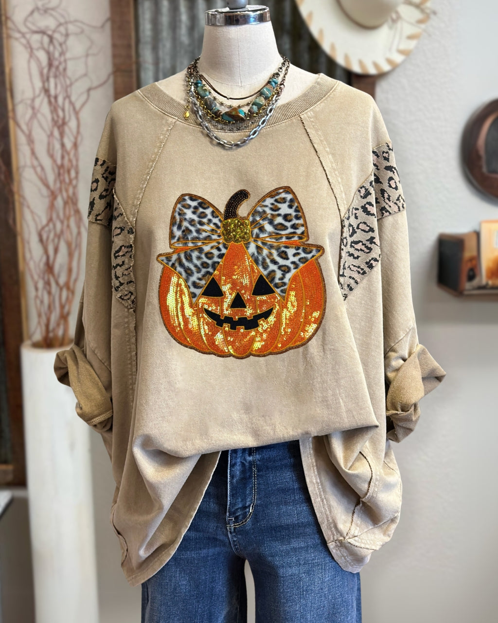 Pumpkin Leopard Sequin Sweatshirt