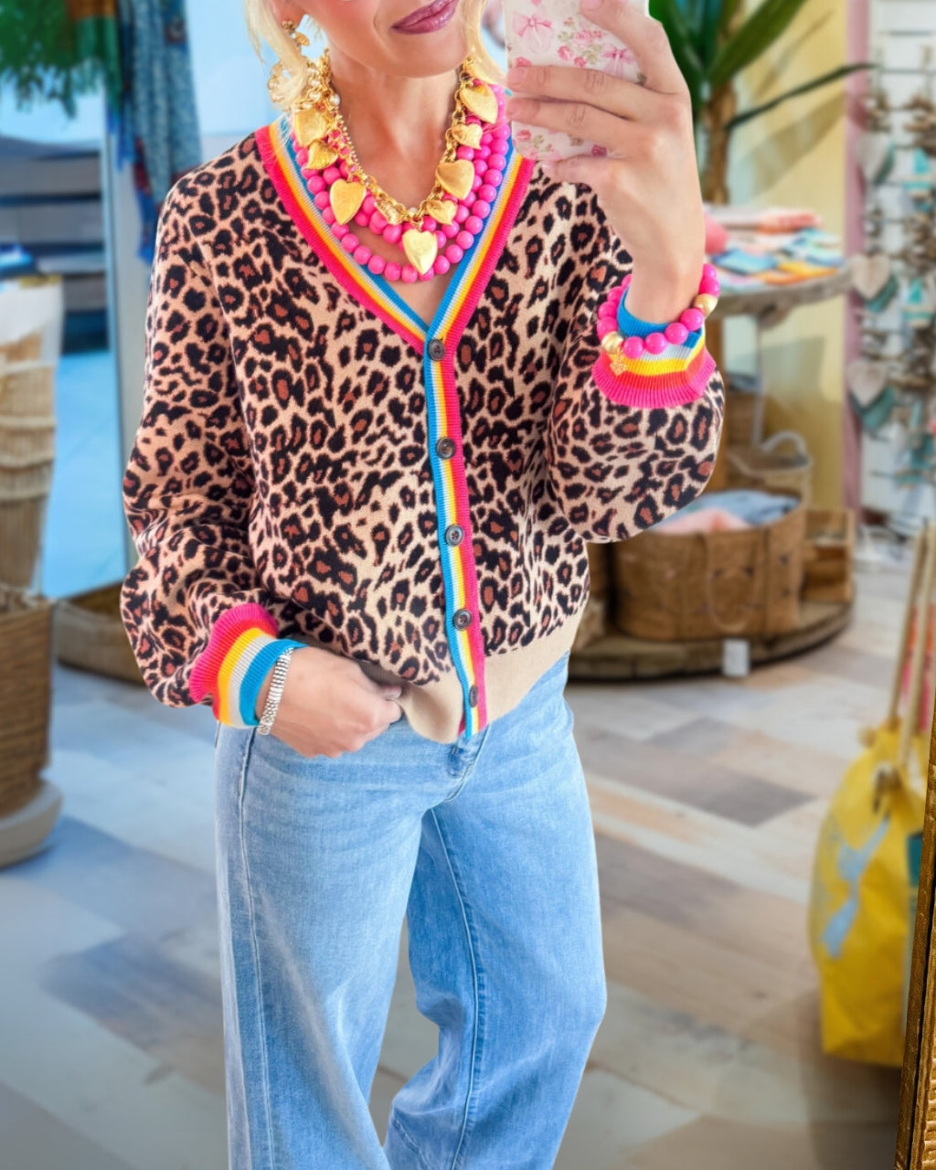 Rainbow Trim Leopard Cardigan