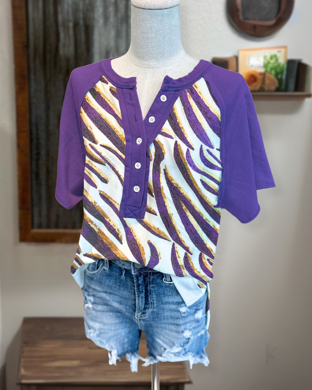 LSU Tigers Sequin Henley Tee
