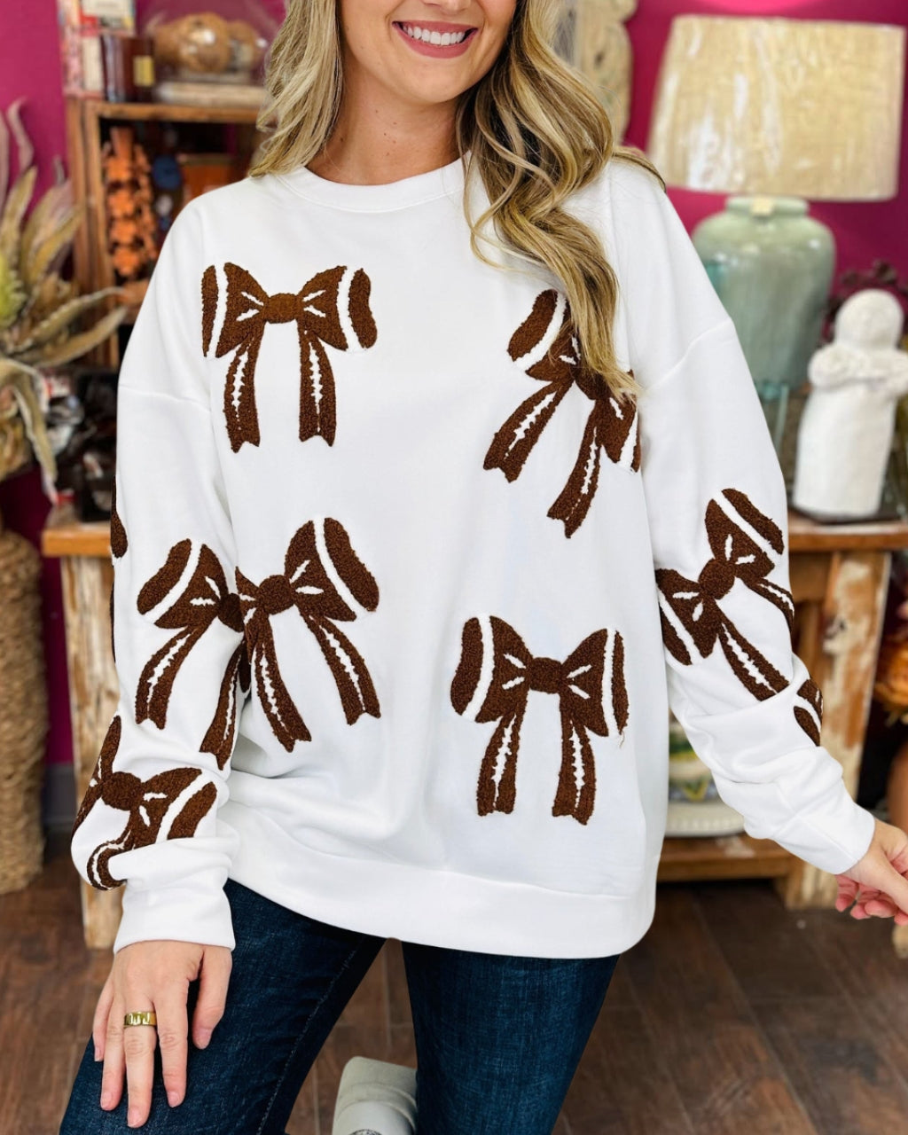Embroidered Bow Football Decorated Sweatshirt
