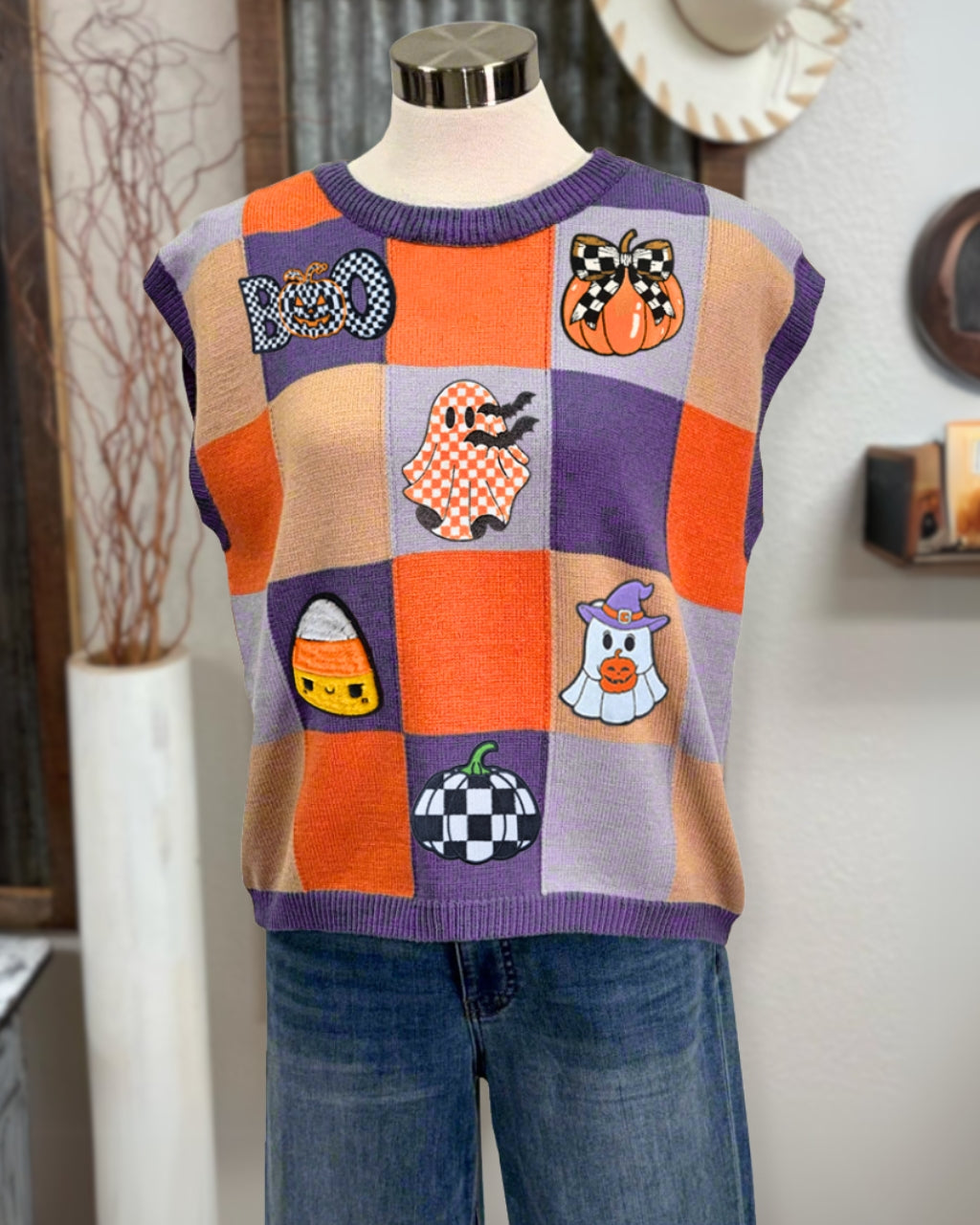 Halloween Checkered Ghost Pumpkin Embroidered Vest