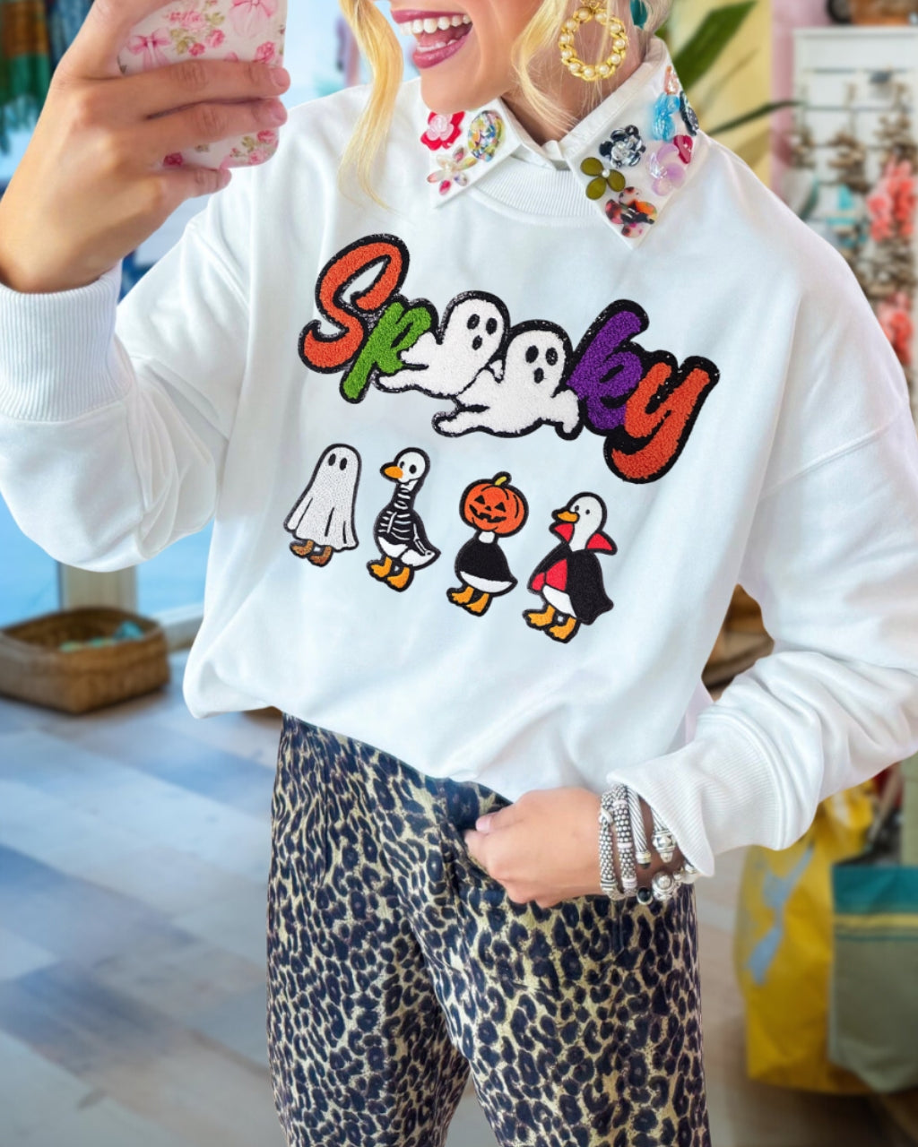 Playful Duck Spooky Sequin Pullover