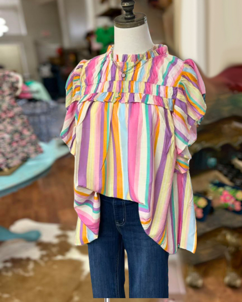 Rainbow Striped Ruffled Top