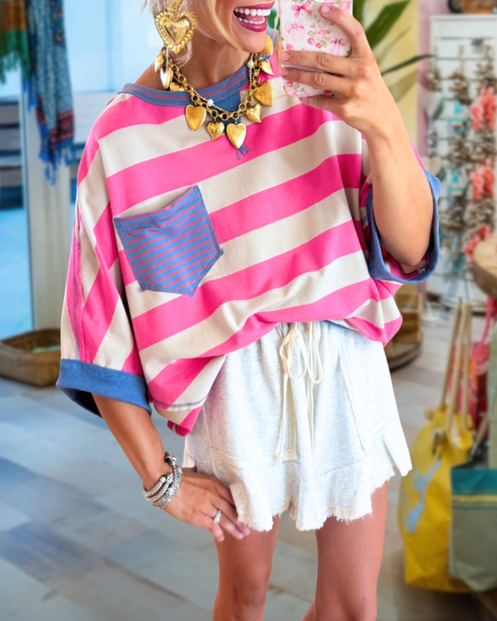 Stripe Pocket Relaxed Tee in Pink