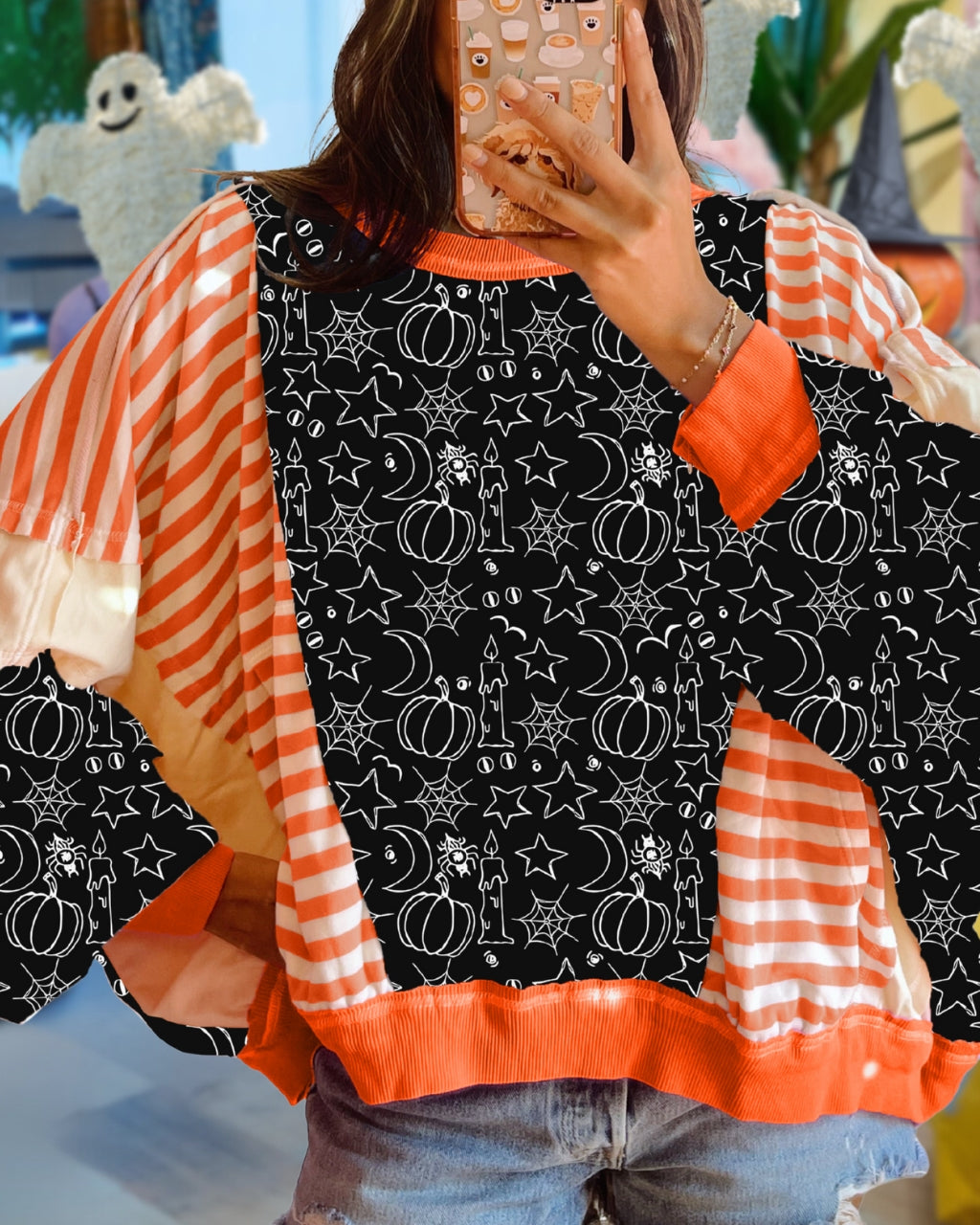 Halloween Line Art Patchwork Pullover