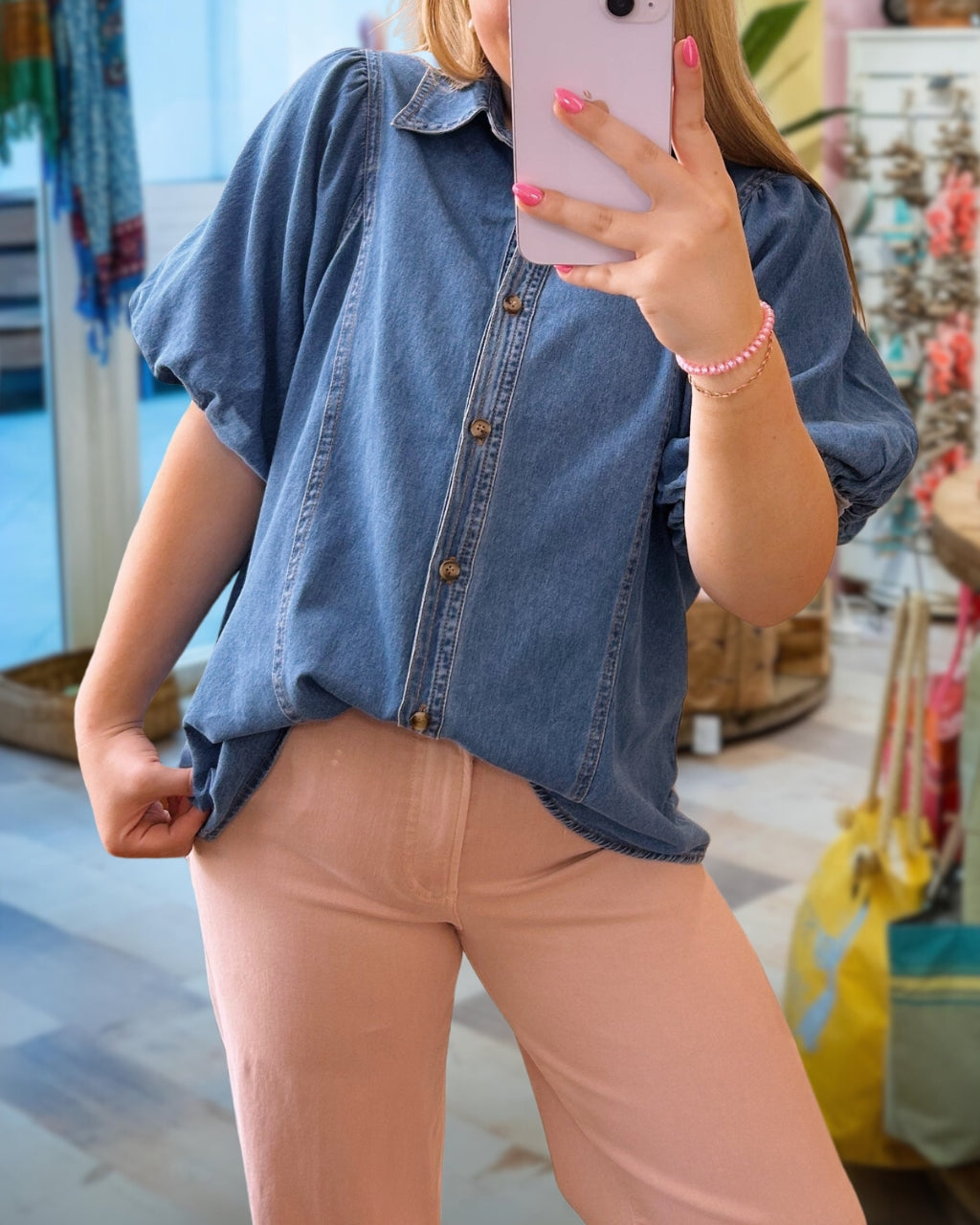 Puff Sleeve Denim Button-Up Blouse