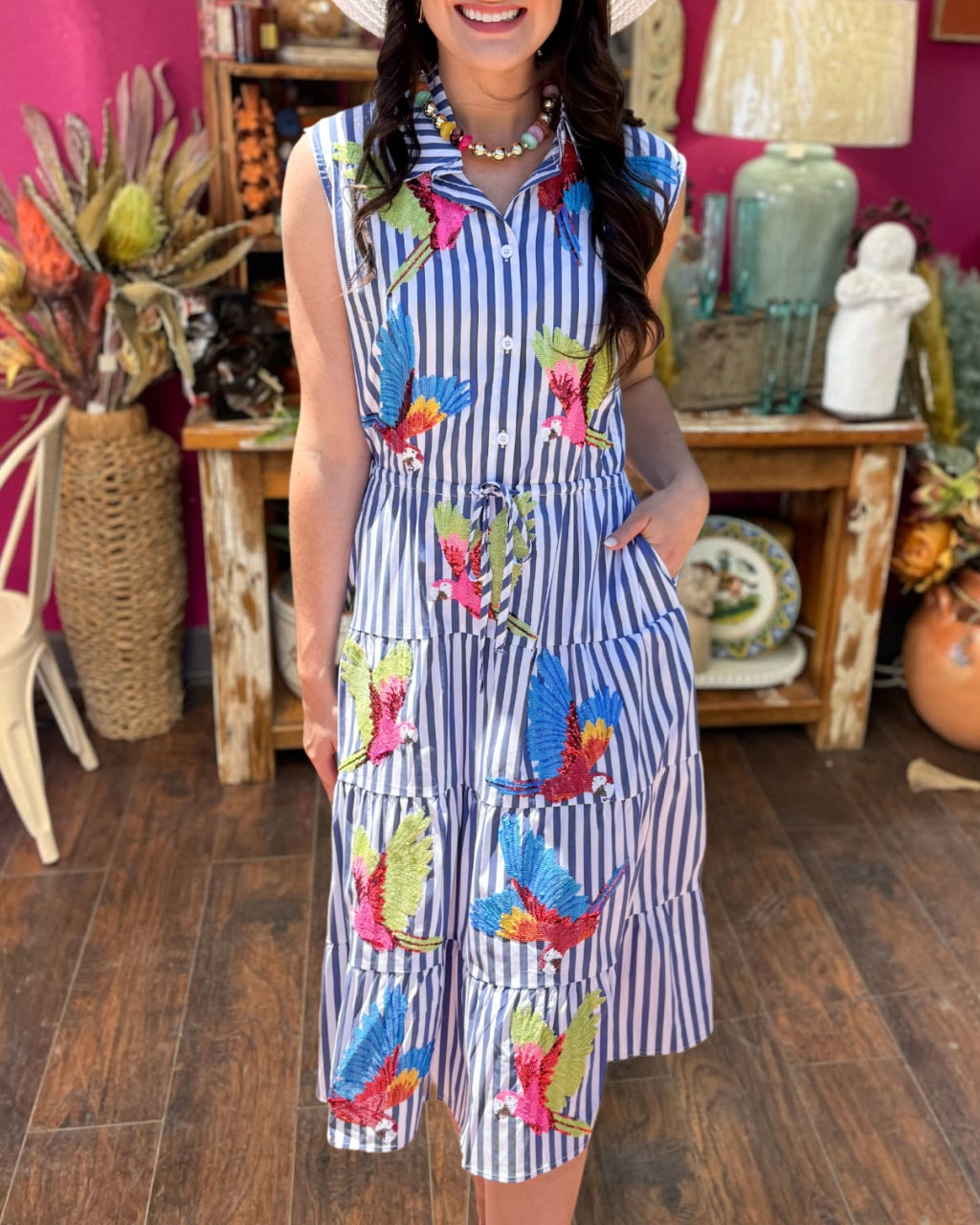 Parrot Sequins Tie Midi Dress
