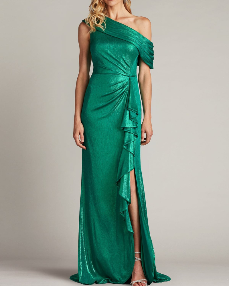 Metallic Pleated One-Shoulder Maxi Dress
