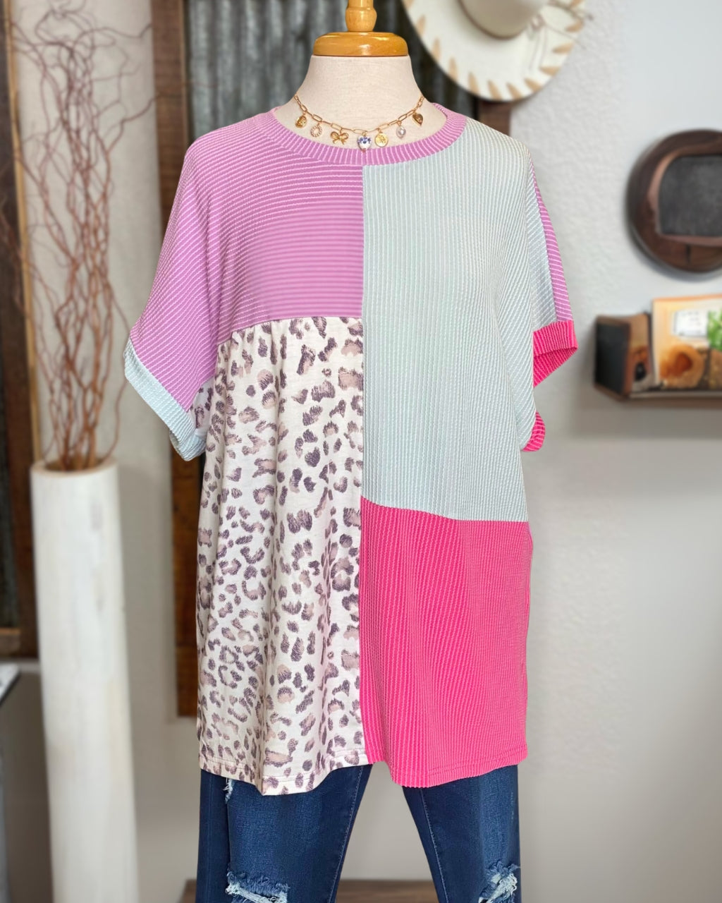 Ribbed Leopard Patchwork Tee
