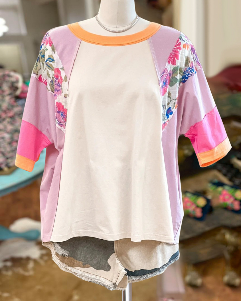 Floral Seams Color Block Oversize Tee