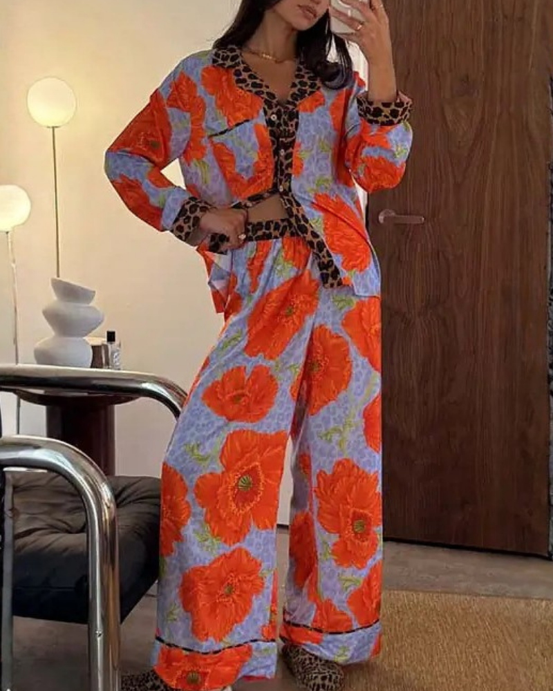 Floral Leopard Satin V-Neck Set