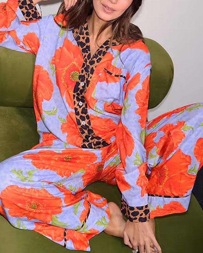 Floral Leopard Satin V-Neck Set