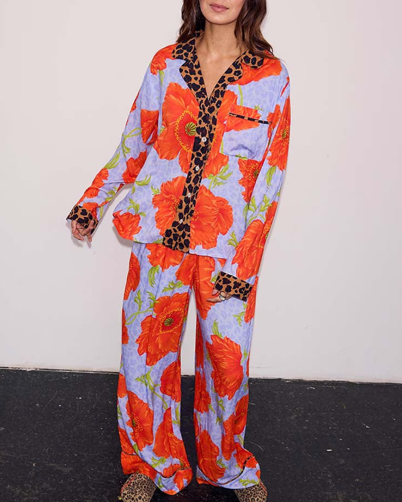 Floral Leopard Satin V-Neck Set