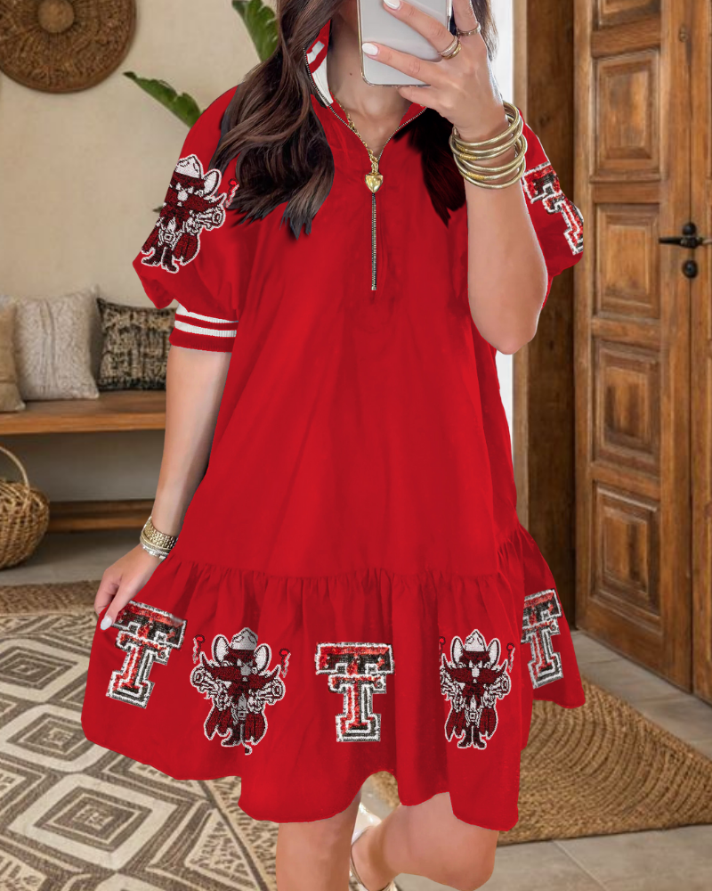 Texas Tech Mascot Sequined Half-Zip Dress