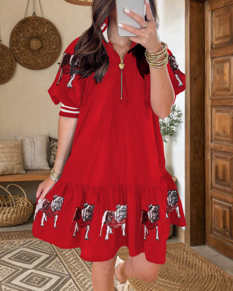 Bulldog Sequin Half-Zip Dress