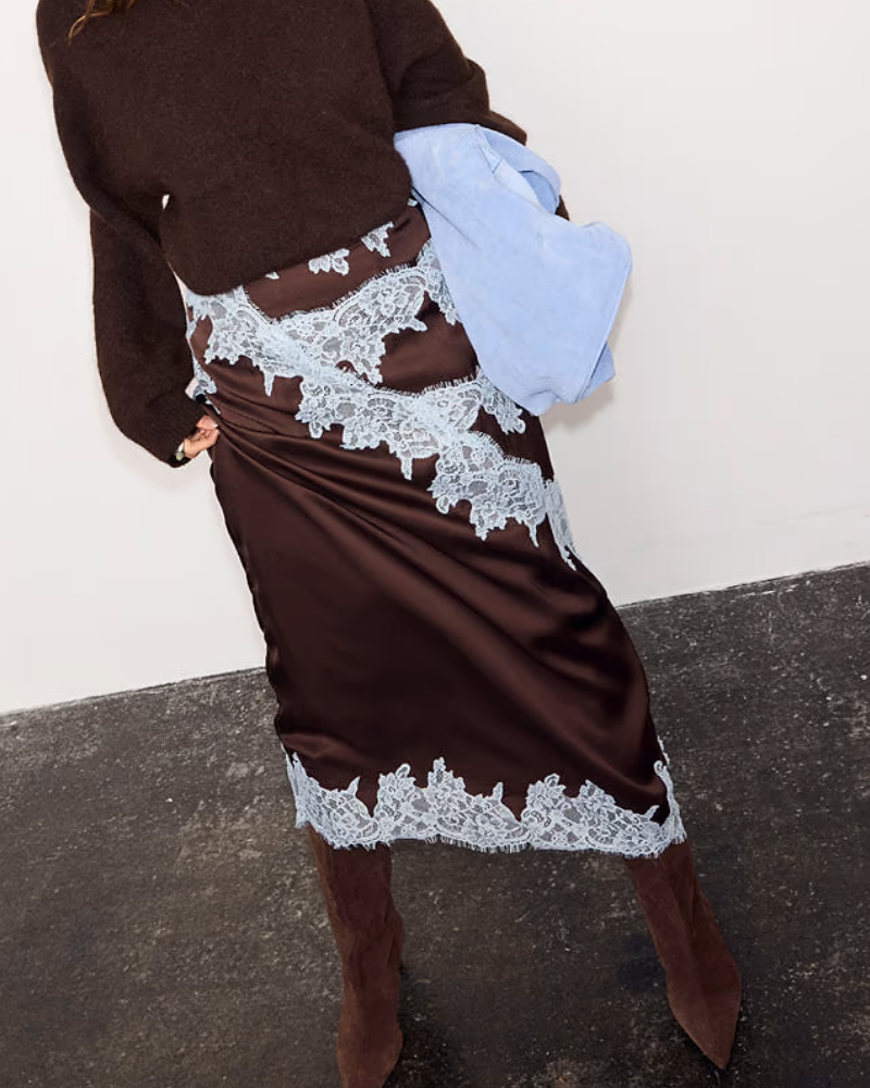 Casual Satin Lace Midi Skirt