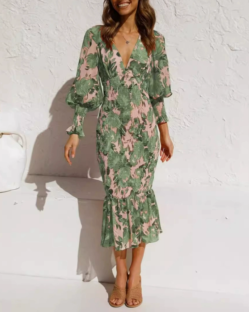 Slim Floral V-Neck Midi Dress