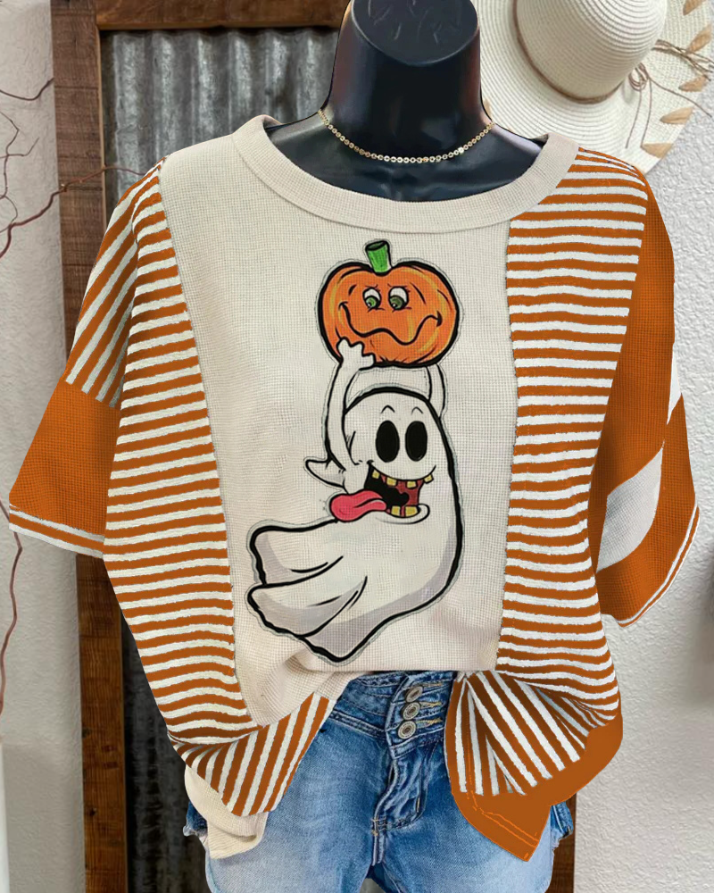 Playful Pumpkin Ghost Striped T-shirt