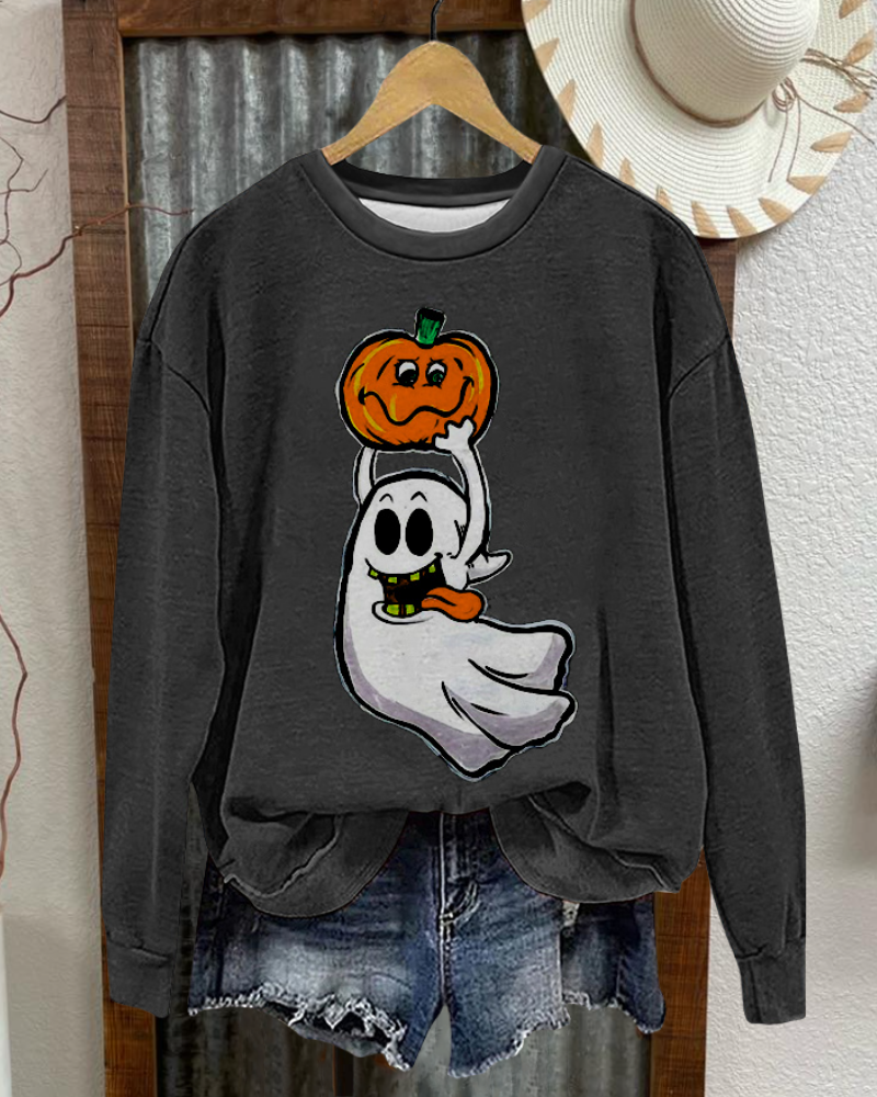 Playful Pumpkin Ghost Print Sweatshirt