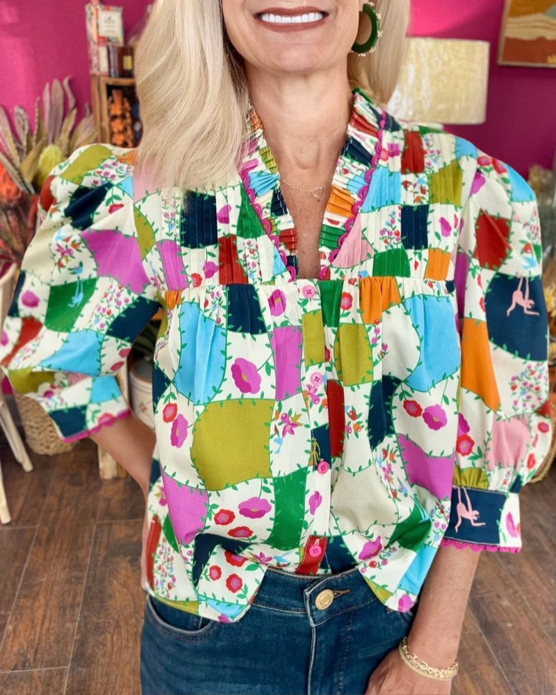 Colorful Plaid Floral Satin Top