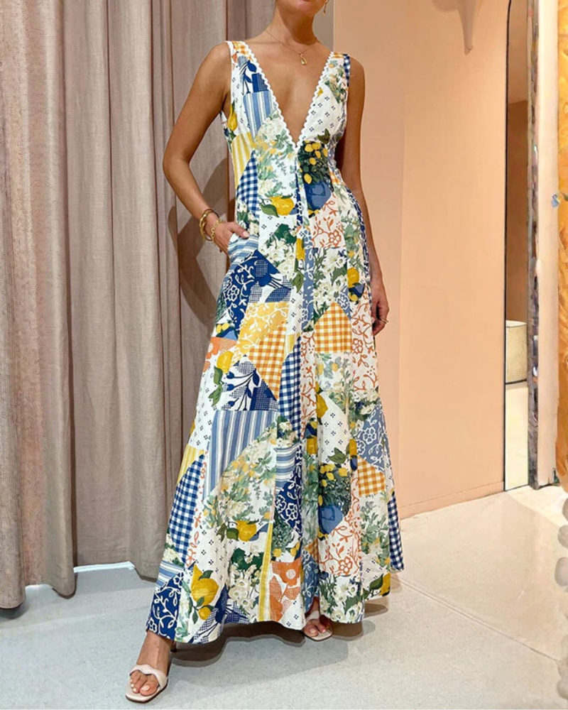 Patchwork Print V-Neck Maxi Dress