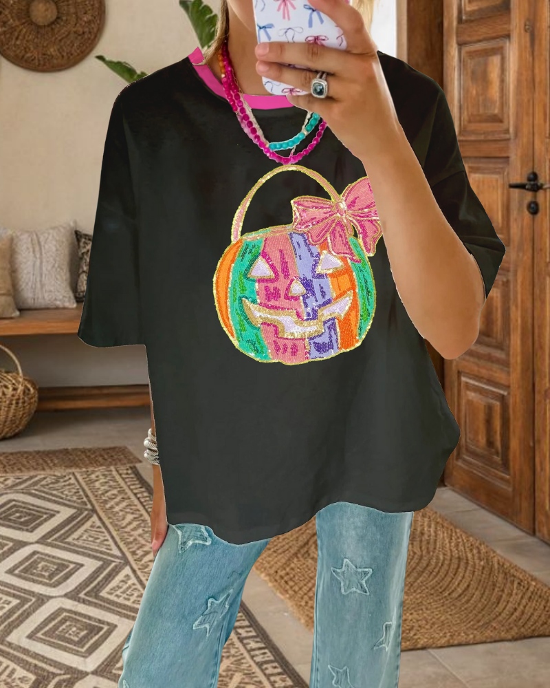 Colorful Pumpkin Butterfly Sequin Tee