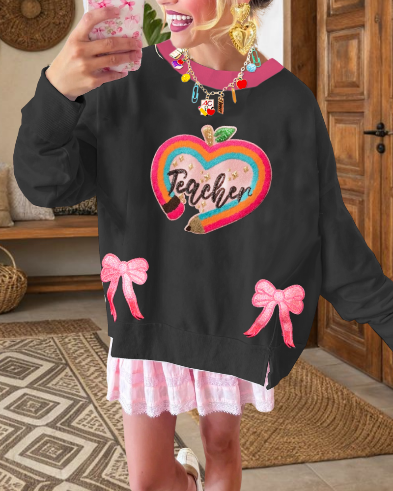 Bow Embroidered Teacher Sweatshirt