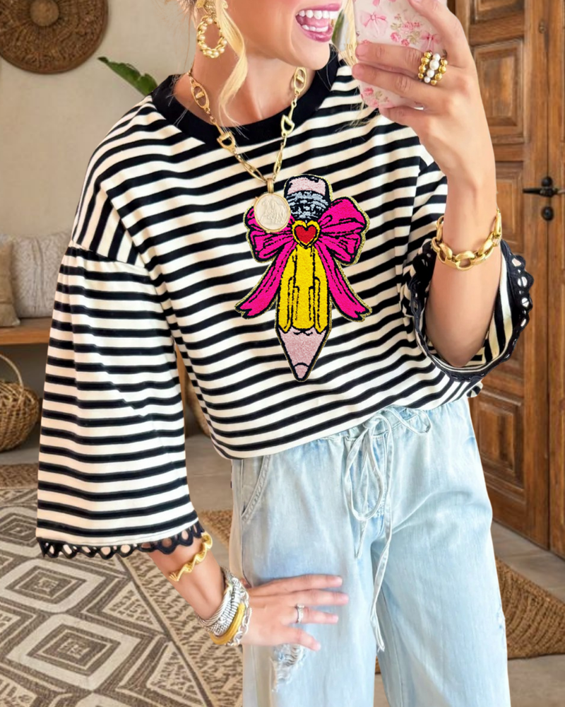 Embroidered Pencil Striped Top