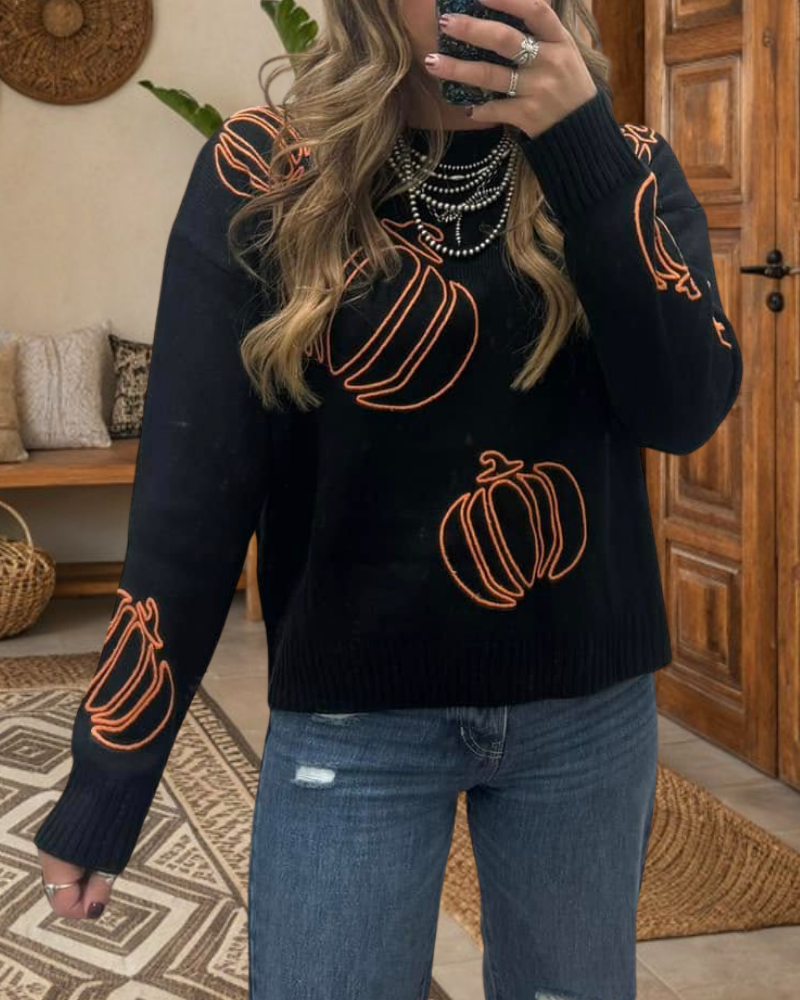 Pumpkin Embroidered Knitted Sweater