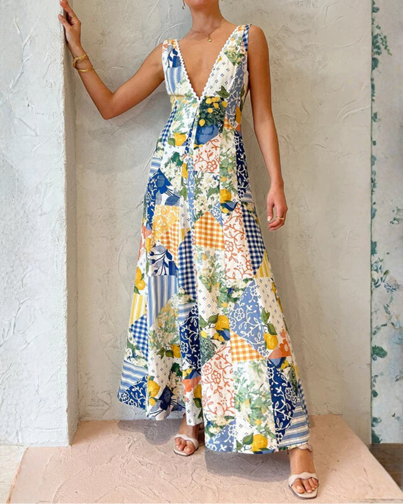 Patchwork Print V-Neck Maxi Dress