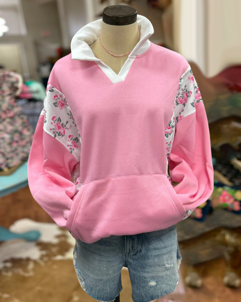 Floral Color Block Lapel Sweatshirt