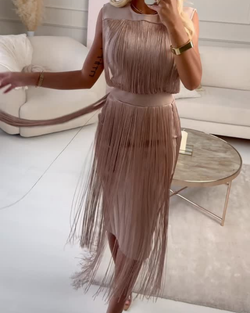 Stylish Suede Tassel Midi Dress