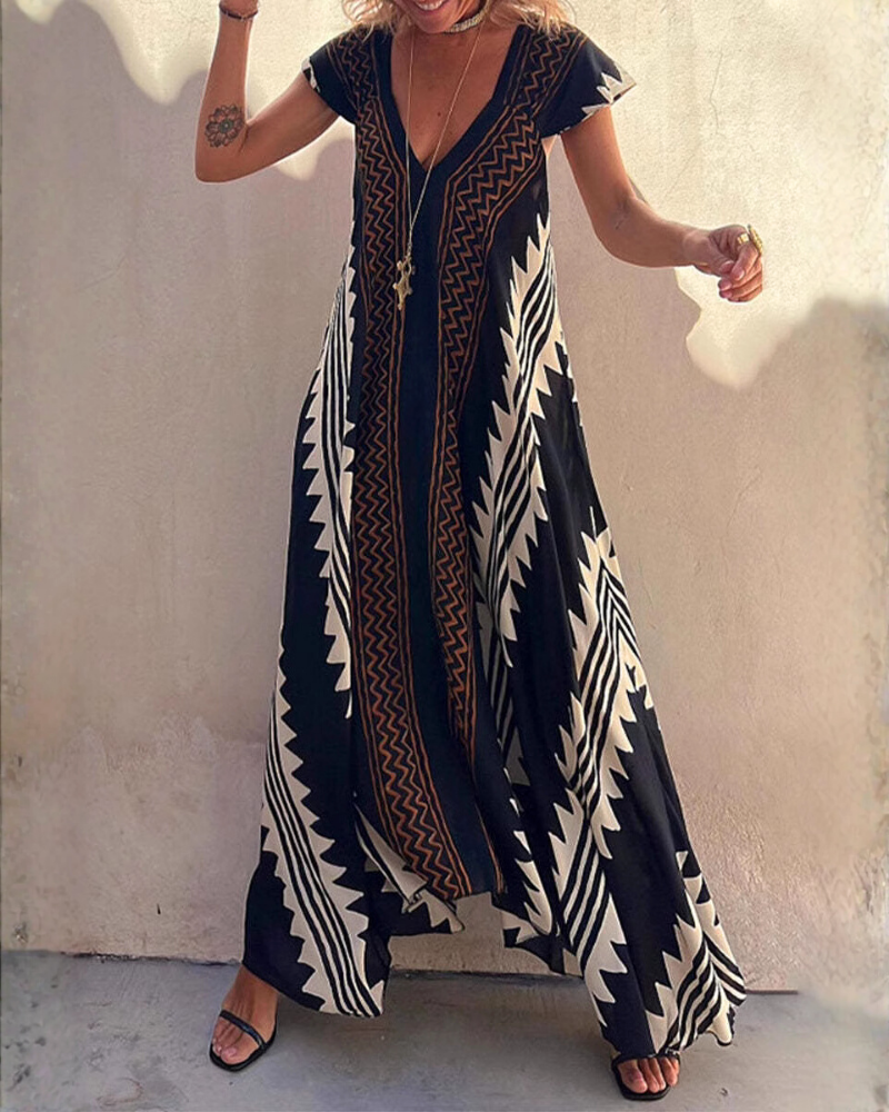 Striped Wavy V-Neck Maxi Dress