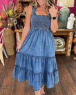Smocked Denim Midi Dress