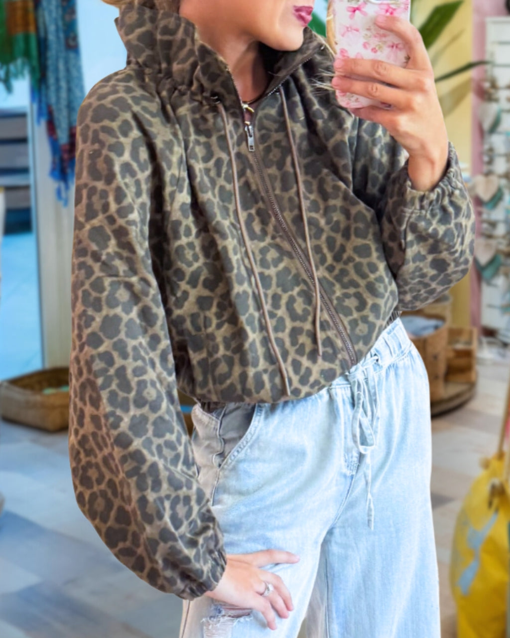 Washed Leopard Zip Up Jacket