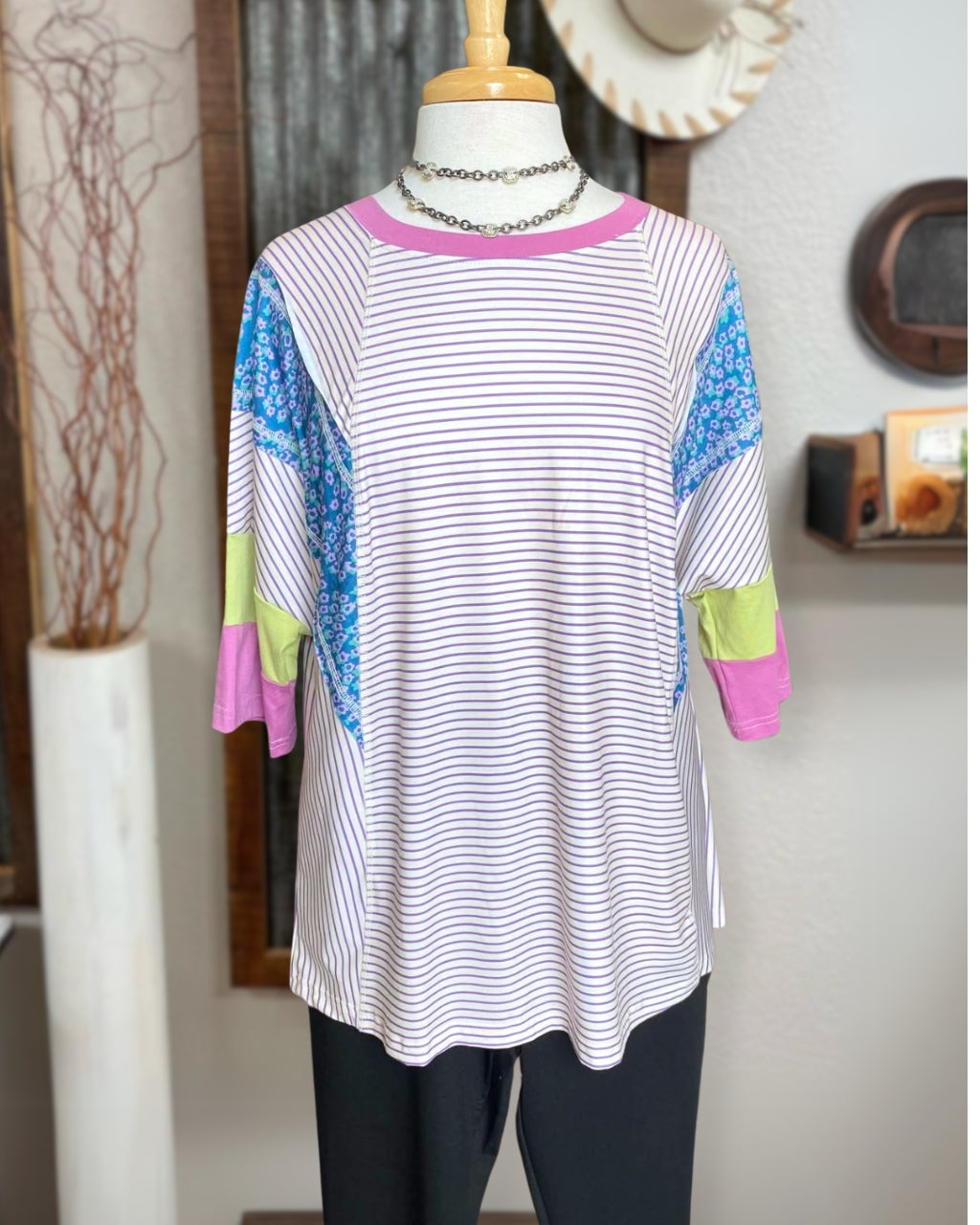 Floral Stripe Color Block Top
