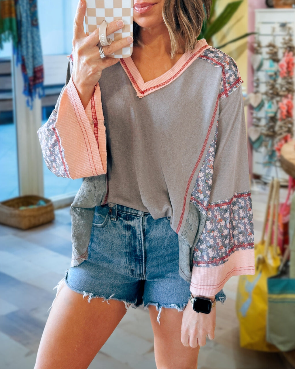 Patchwork Floral Bell Sleeve Top