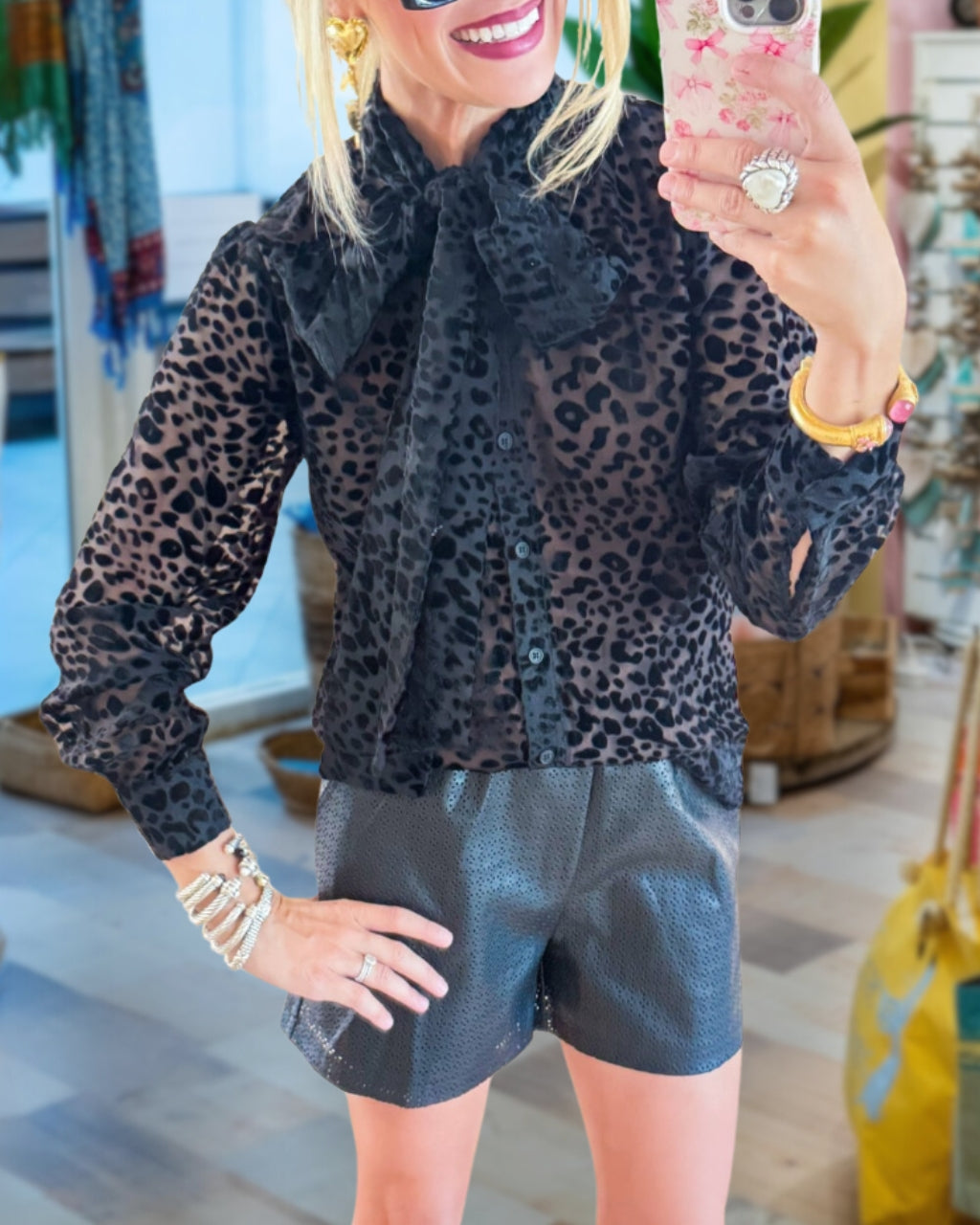 Leopard Chiffon Flocking Button Down Top