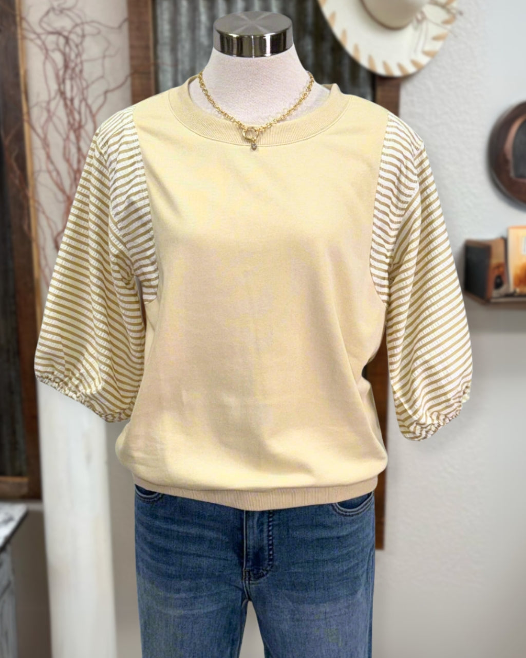 Striped Puff Sleeve Mixed Tee